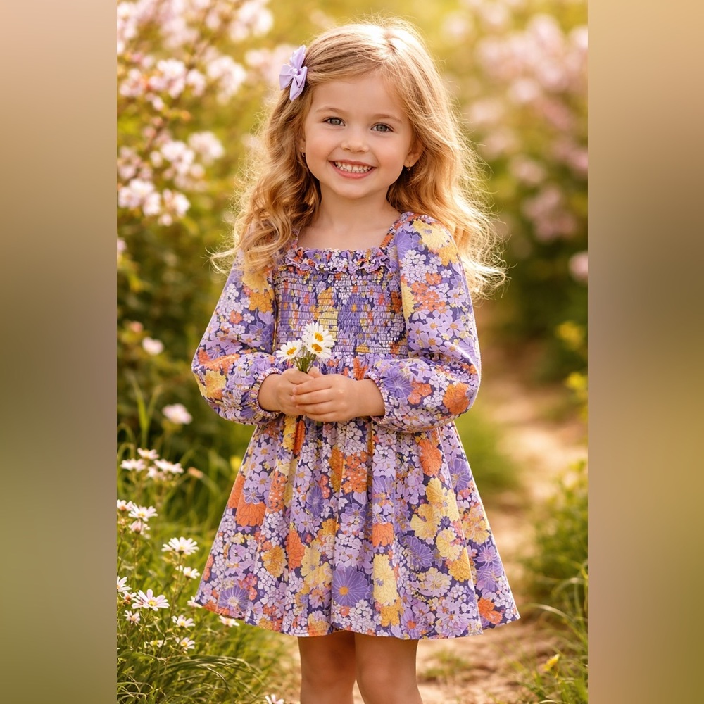 Crewcuts Girls Size 5 Purple Floral Smocked Ruffle Dress